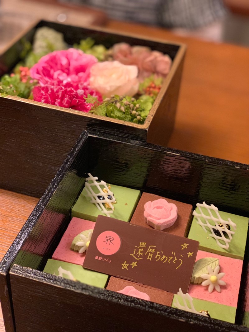 お祝いのケーキとプリザーブドフラワー